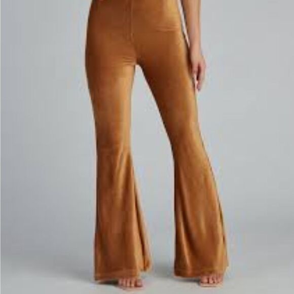 Neutral Tan Camel Velvet Flare Casual Dressy High Waist Yoga Lounge Pants - Picture 3 of 9